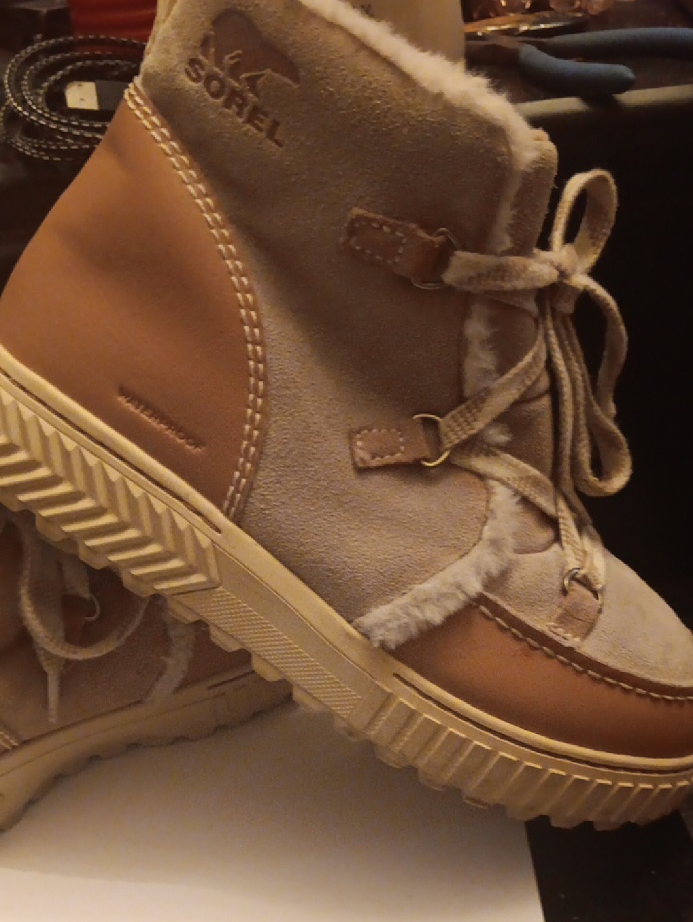 Sorel Two-Tone Taupe and Beige Lace-Up Winter Boot